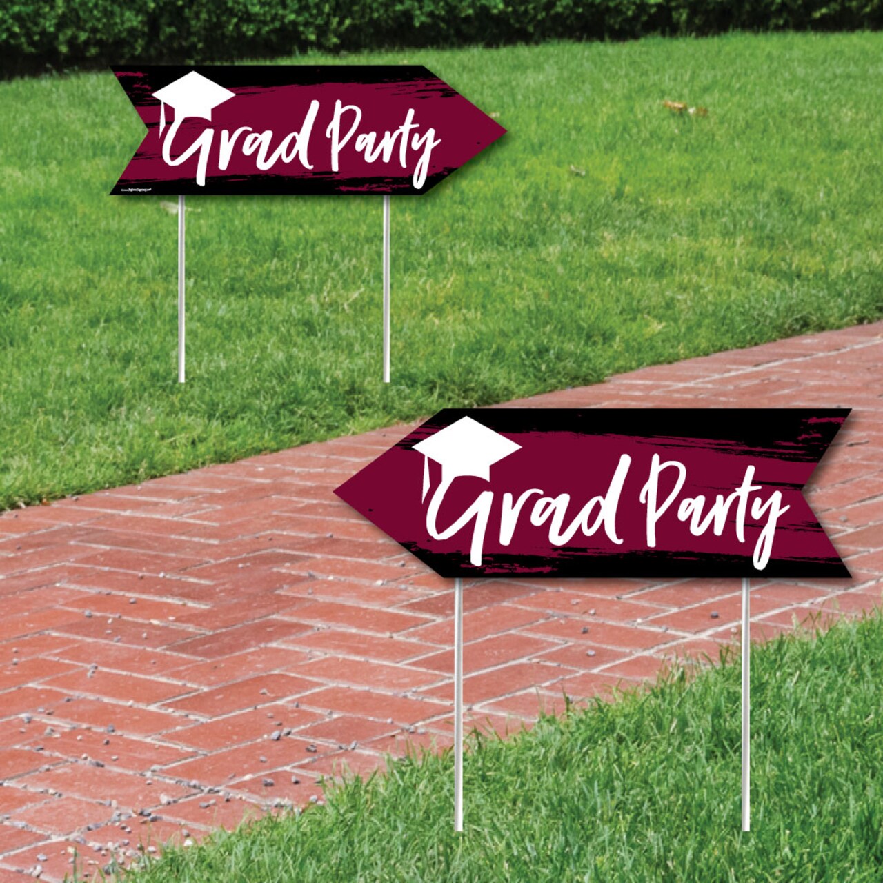 Big Dot of Happiness Maroon Graduation Party Sign Arrow - Double Sided Directional Yard Signs - Set of 2
